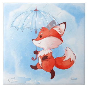 Cute Red Fox with Umbrella Tile