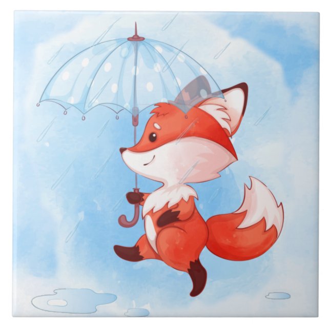 Cute Red Fox with Umbrella Tile (Front)