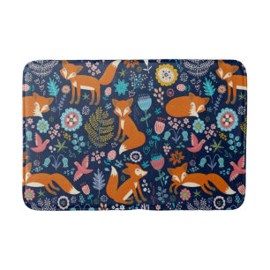 Cute Red Foxes & Colourful Flowers Bath Mat
