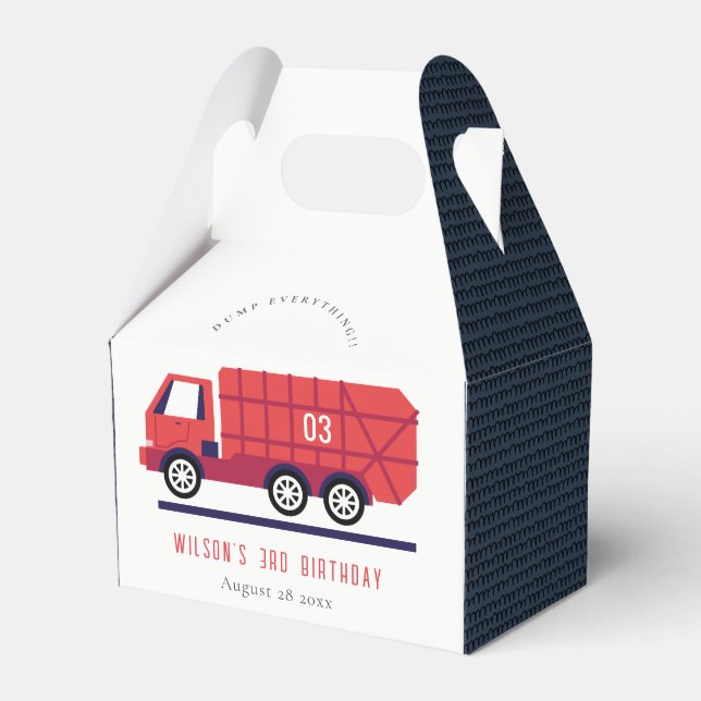 Cute Red Garbage Truck Kids Any Age Birthday Favor Box (Front Side)