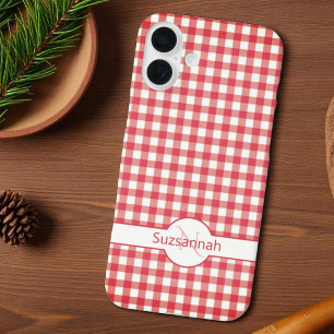 Cute Red Gingham Check Monogrammed Custom  iPhone 16 Plus Case