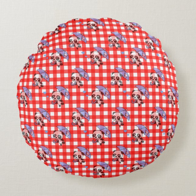 Cute Red Gingham Check Round Pillow (Front)
