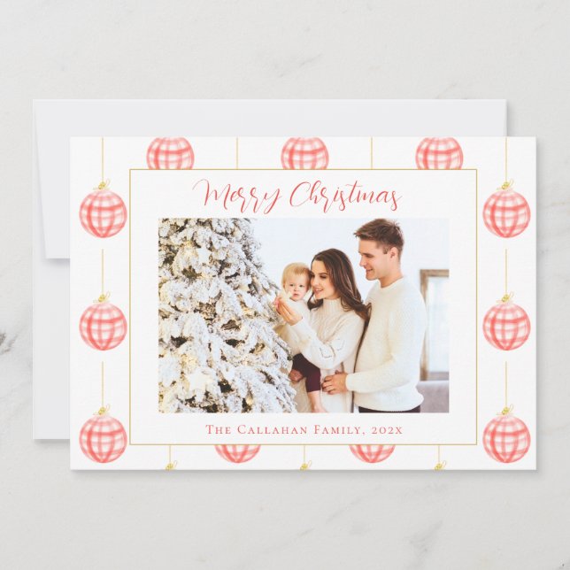 Cute Red Gingham Plaid Custom Photo Christmas Holiday Card (Front)