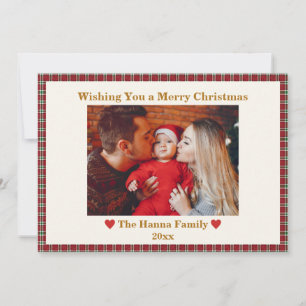 Cute Red Gingham Plaid Custom Photo Christmas Holiday Card
