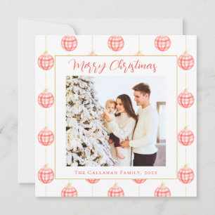 Cute Red Gingham Plaid Custom Photo Christmas Holiday Card