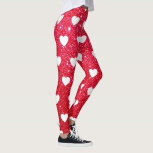 Cute Red Glitter White Heart Pattern Valentine's Leggings