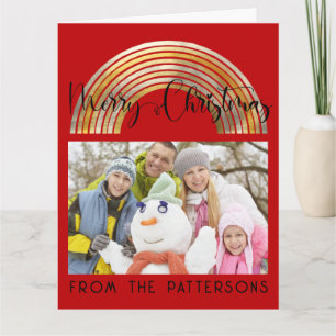 Cute Red Gold Rainbow Family Photo Merry Christmas Card