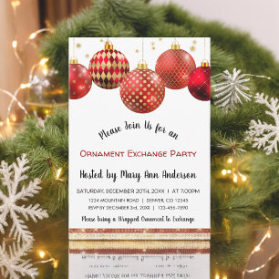 Cute Red & Gold Sparkle Ornament Exchange Party Invitation