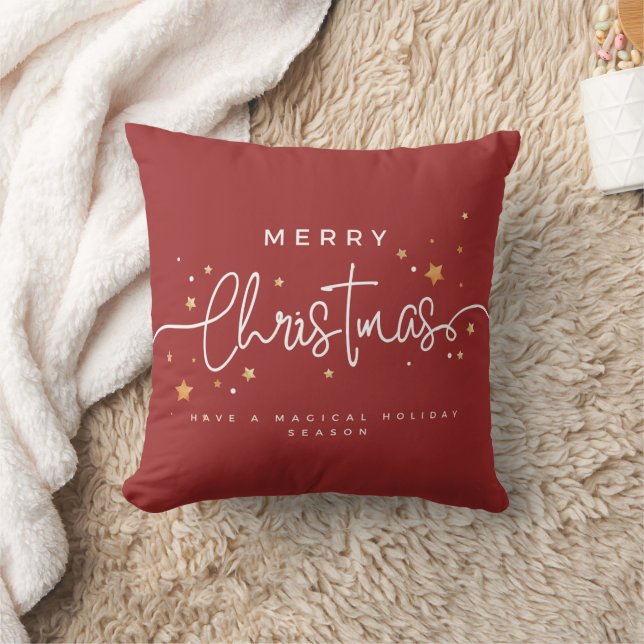 Cute Red Gold White Minimalist Merry Christmas Throw Pillow (Blanket)
