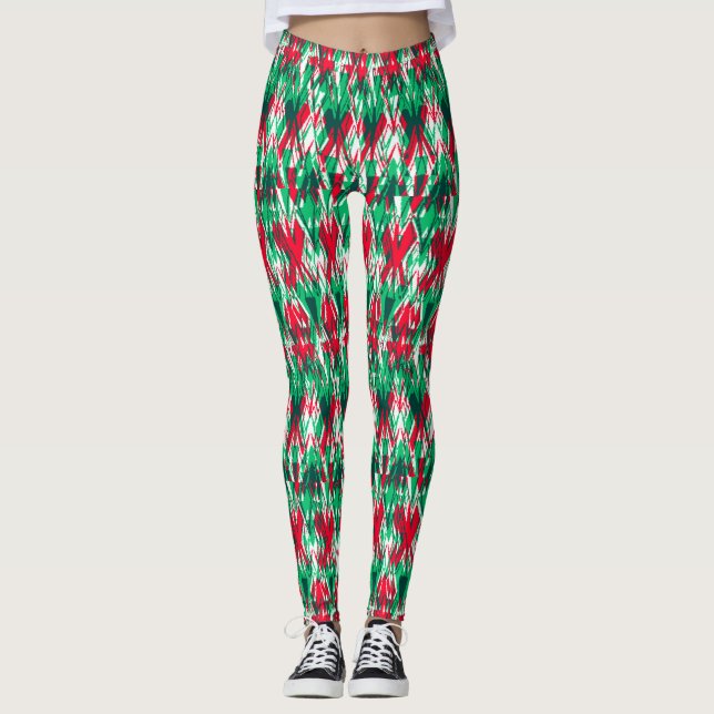 Cute red green abstract aztec pattern leggings (Front)