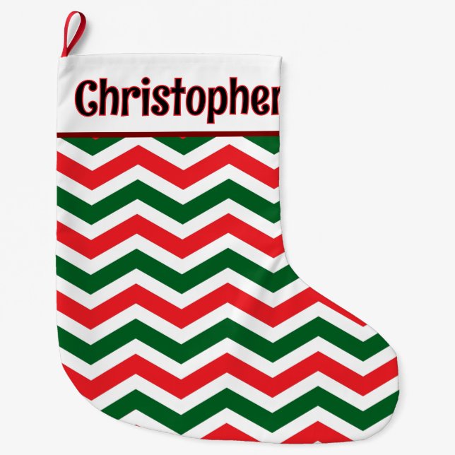 Cute red, Green and White Chevron Custom Message Large Christmas Stocking (Front)