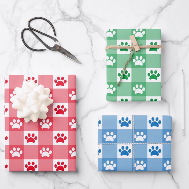 Cute Red Green Blue Gingham Paw Print Pattern Wrapping Paper Sheet (Front)