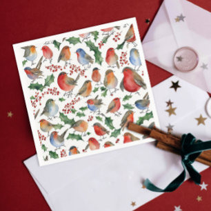 Cute Red Green Christmas Robin Bird Watercolor Napkin