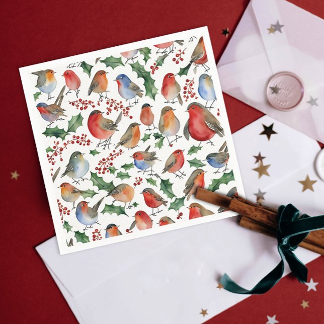 Cute Red Green Christmas Robin Bird Watercolor Napkin (Creator Uploaded)