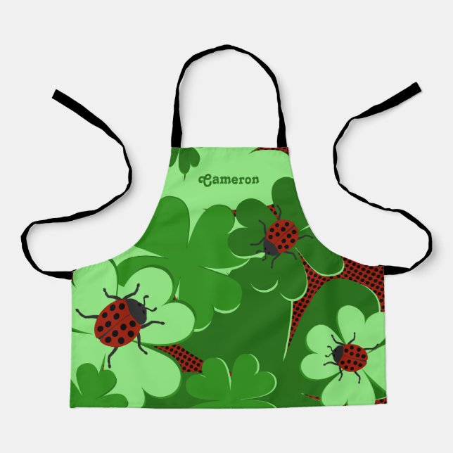Cute Red Green Lady Bug & Clover Leaf Name Apron (Front)