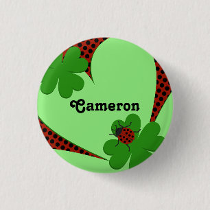 Cute Red Green Ladybug Clover Leaf Name 1 Inch Round Button