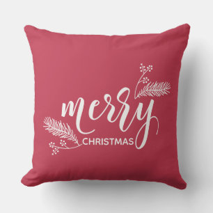 Cute Red & Green Merry Christmas Pine & Holly Throw Pillow