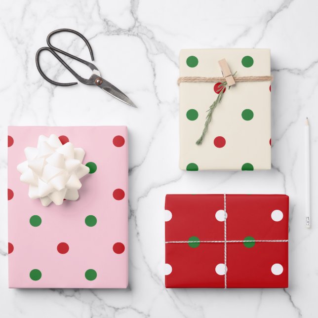 Cute red green pink cream polka dots Christmas Wrapping Paper Sheet (Front)