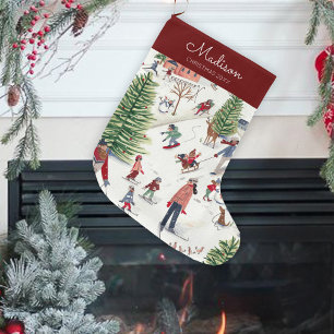 Cute Red & green skiing winter landscape pattern Large Christmas Stocking