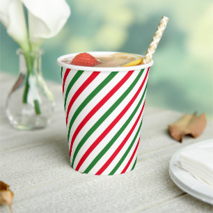 Cute red green white candy cane oblique stripes paper cups