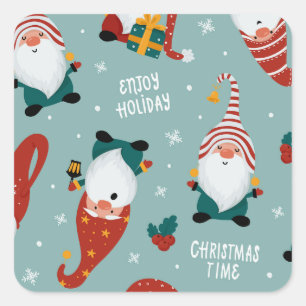 Cute Red Green Yellow Elf Gnome Christmas Pattern Square Sticker