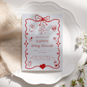 Cute Red & Grey Baby Shower for Girls or Boys  Invitation