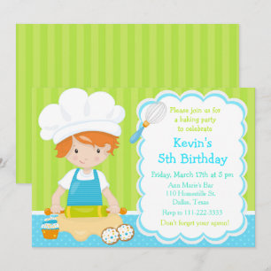 Cute Red Hair Boy Baking Birthday Party Invitation
