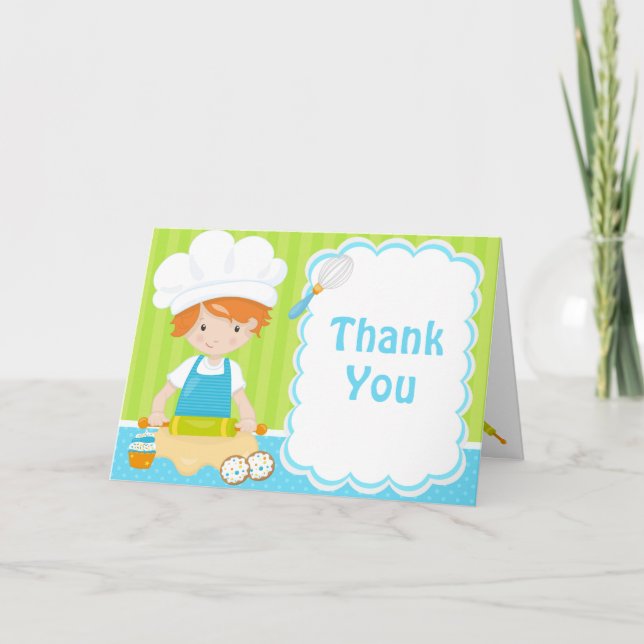 Cute Red Hair Boy Baking Birthday Party Thank You Card (Front)