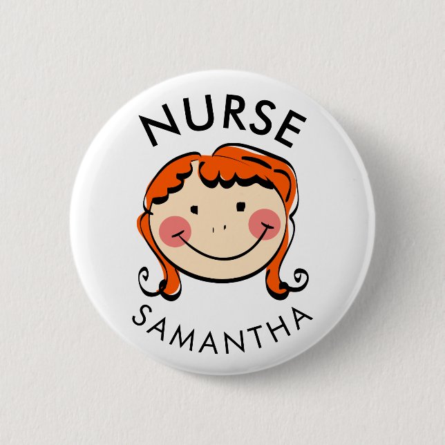 Cute Red Hair Cartoon Nurse Name 2 Inch Round Button (Front)