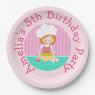 Cute Red Hair Girl Baking Birthday Party Paper Plate