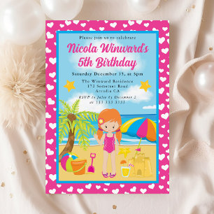 Cute Red Haired Girl Beach Kids Birthday Invitation