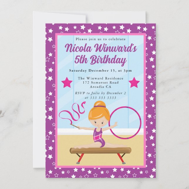 Cute Red Haired Girl Gymnast  Kids Birthday  Invitation (Front)