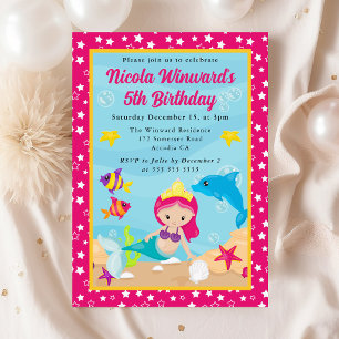 Cute Red Haired Mermaid Kids Birthday Invitation
