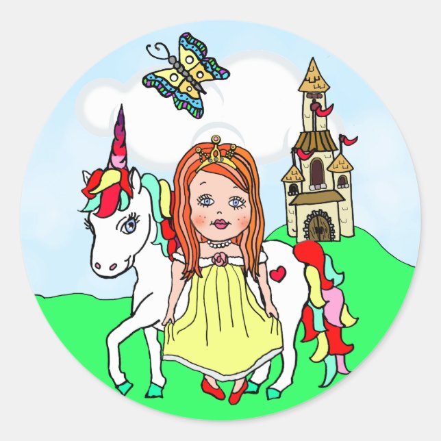 Cute Red Haired Princess and Unicorn Castle Classic Round Sticker (Front)