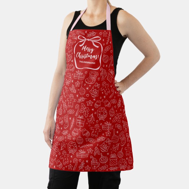 Cute Red Hand Drawn Christmas Bow Apron (Insitu)