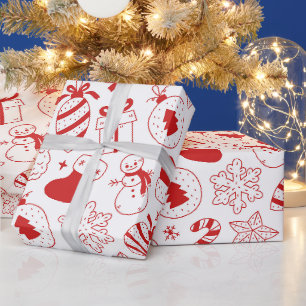 Cute Red Hand Drawn Christmas Doodle Art Wrapping Paper