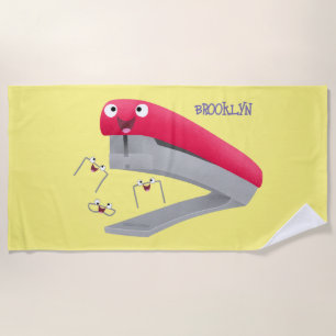 Cute red happy stapler cartoon illustration  beach towel