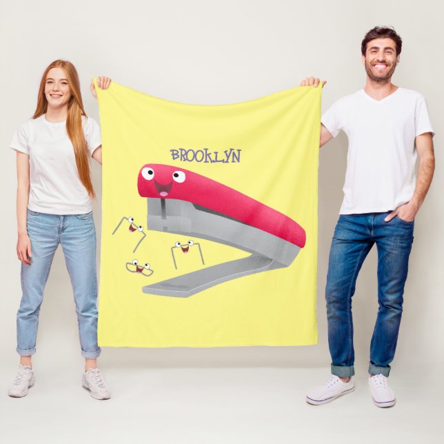 Cute red happy stapler cartoon illustration fleece blanket (In Situ)