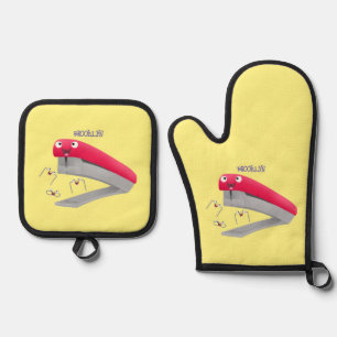 Cute red happy stapler cartoon illustration oven mitt & pot holder set