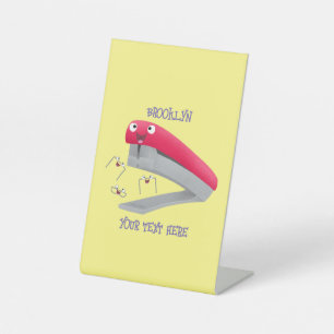 Cute red happy stapler cartoon illustration pedestal sign