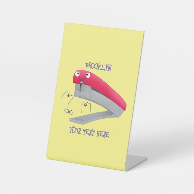 Cute red happy stapler cartoon illustration  pedestal sign (Front)