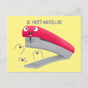 Cute red happy stapler cartoon illustration postcard