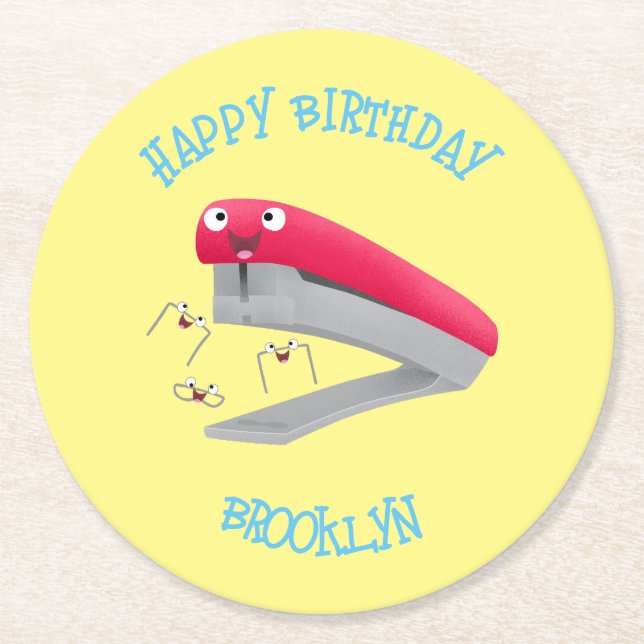 Cute red happy stapler cartoon illustration  round paper coaster (Front)