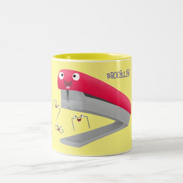 Cute red happy stapler cartoon illustration  Two-Tone coffee mug (Center)