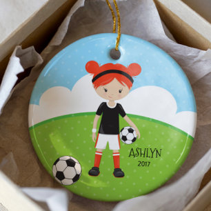 Cute Red Head Girl Soccer Personalized Christmas Ceramic Ornament