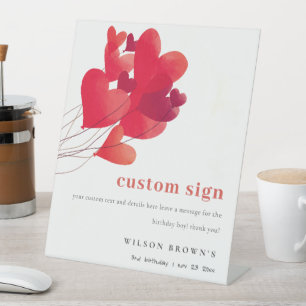 Cute Red Heart Balloons Birthday Custom Party Pedestal Sign