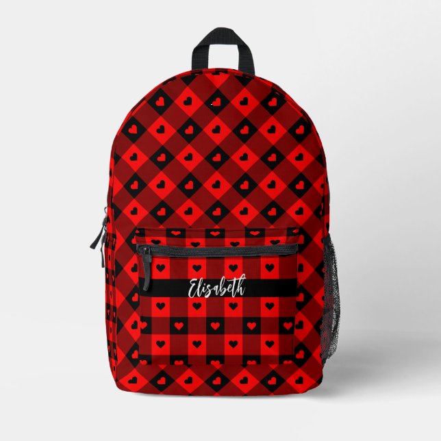 Cute Red Heart Buffalo Plaid Pattern Add Name Girl Printed Backpack (Front)