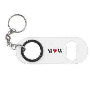 Cute red heart custom couple initials monogram keychain bottle opener
