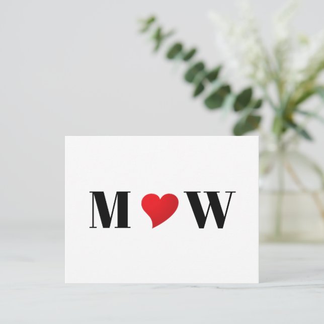 Cute red heart custom couple initials monogram postcard (Standing Front)