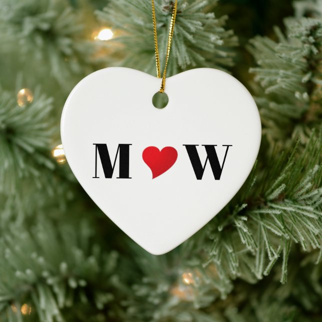 Cute red heart custom couple monogram initials ceramic ornament (Tree)